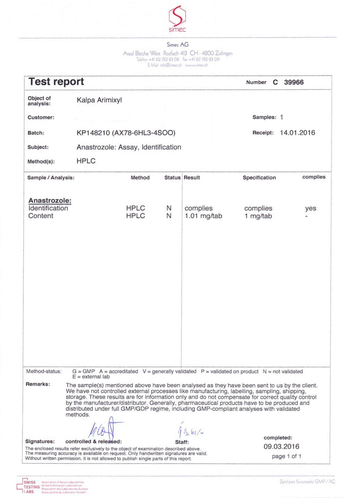 arimixyl lab quality results