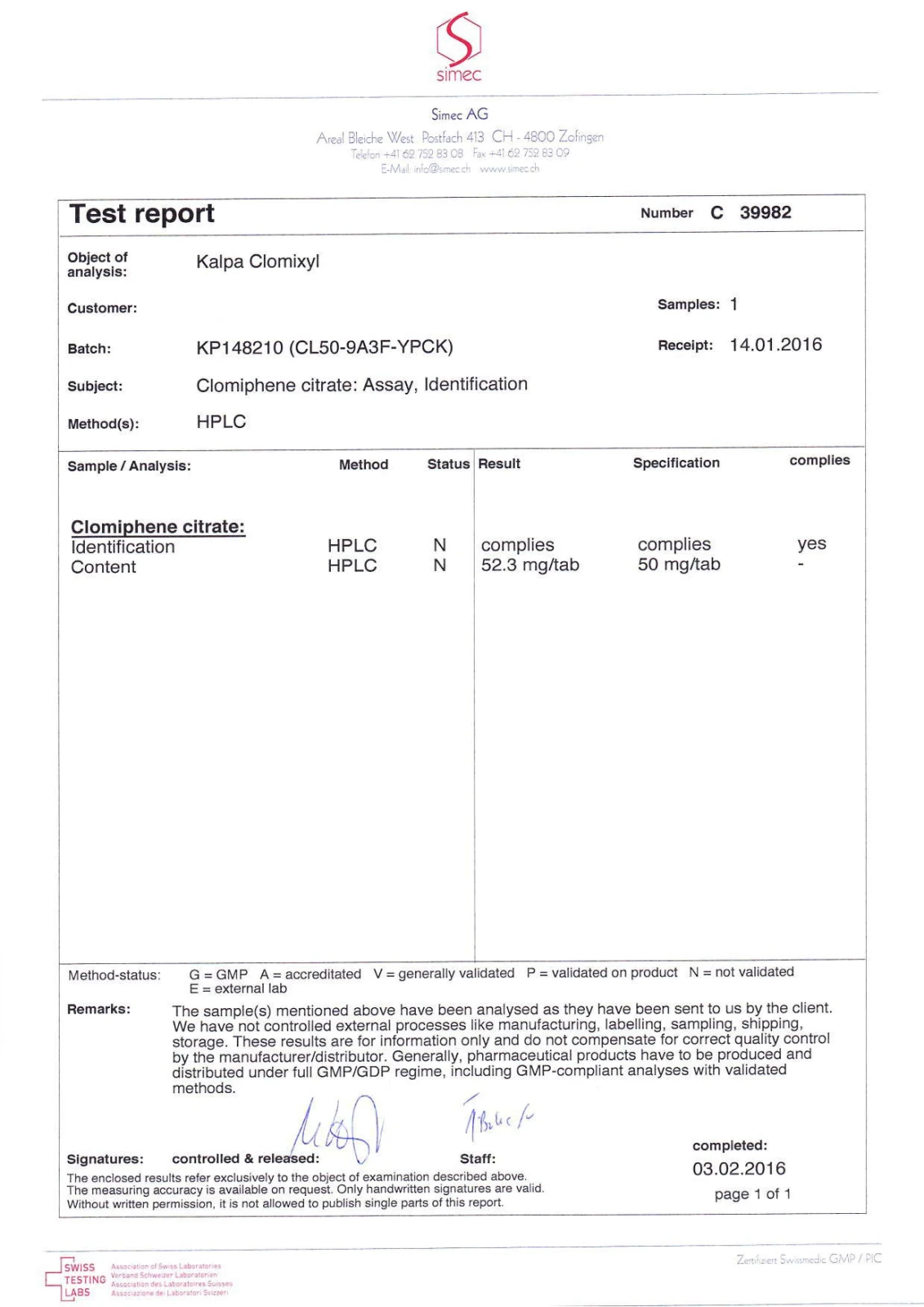 clomixyl lab quality results