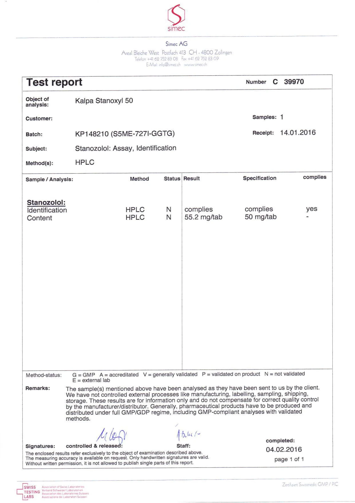 stanoxyl 50 lab quality results