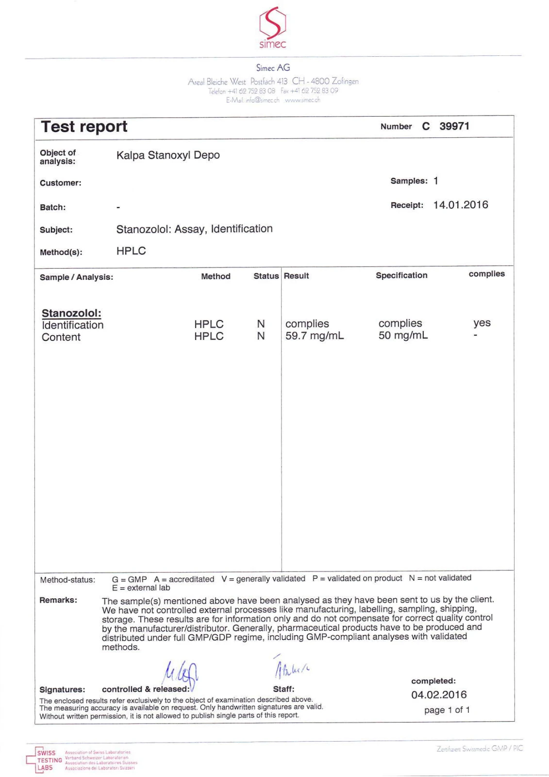 stanoxyl depot lab quality results