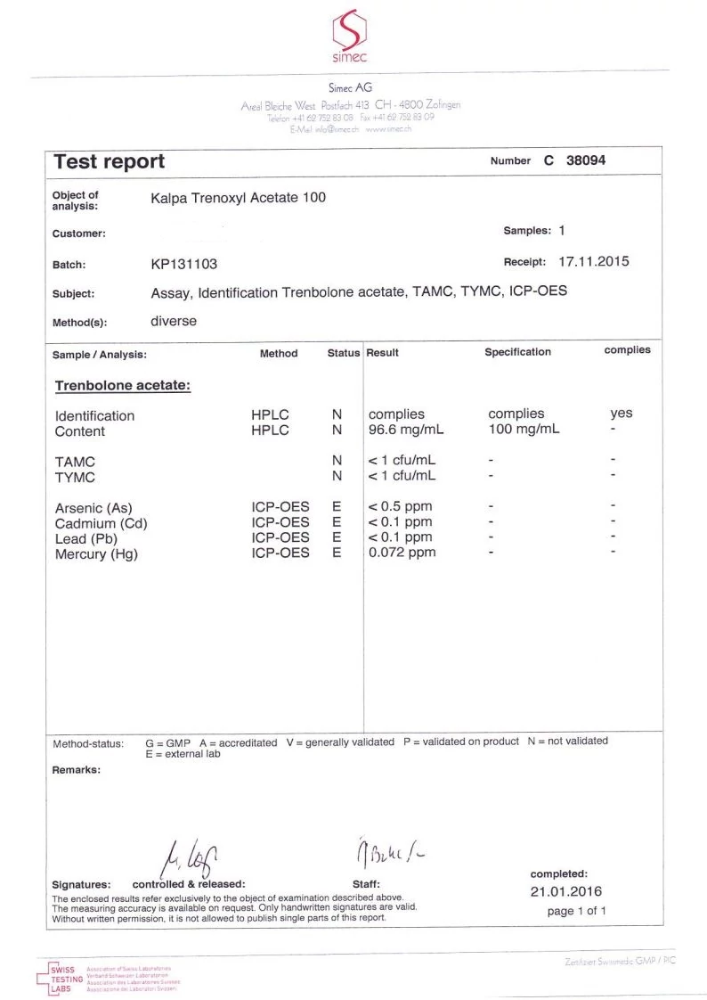 trenboxyl acetate lab quality results